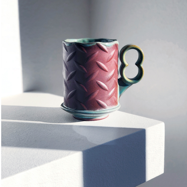 Mug, 4½ in. (11 cm) in height, cone 6 red stoneware (Plainsman), copper green gloss glaze.
