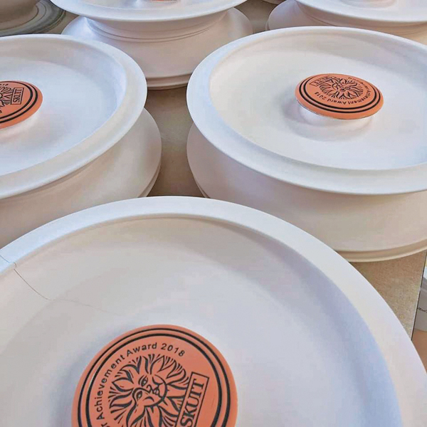 5 Each wall plate is matched up with a logo disk that rests well on the raised stem.