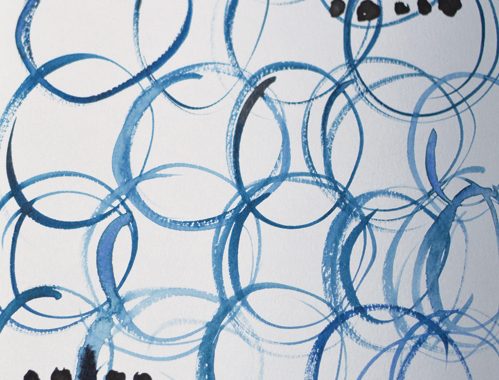 5 Watercolor layers #1, 2: Medium-sized teal circles were applied and dried, then grids of black dots were added.
