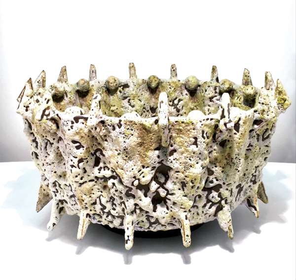 3 Vince Palacios’ Diatom Bowl Series, 17 in. (43 cm) in width, clay, slip, various glazes, multiple firings, 2019. 