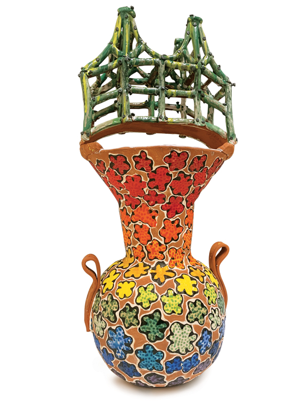 2 Boston Pride, 27¼ in. (69 cm) in height, earthenware, slip, underglaze, glaze, fired to cone 02, carpet tacks, 2019. 