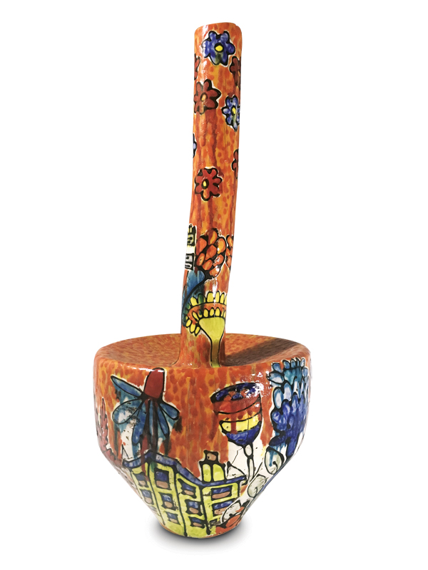 1 East Boston Buoy, 26 in. (66 cm) in height, earthenware, slip, underglaze, glaze, fired to cone 02, 2018. 
