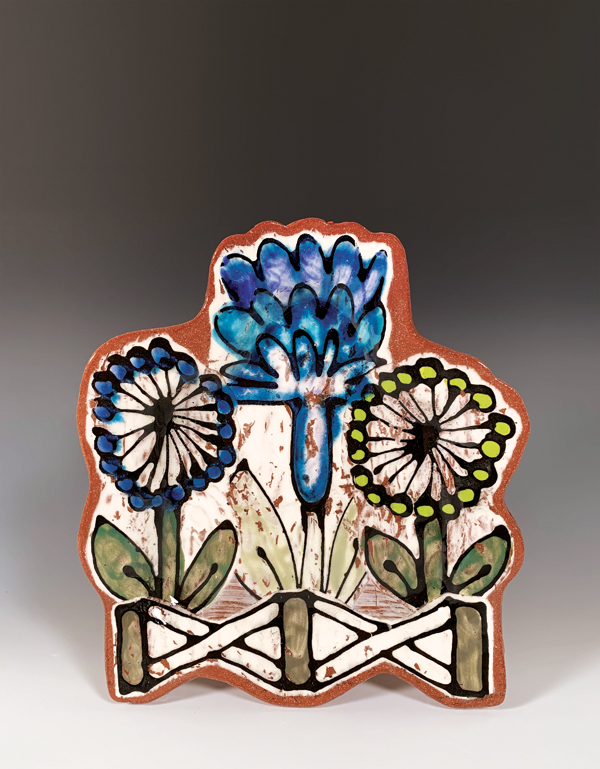 Garden Gate Plate, 10 in. (25 cm) in diameter, earthenware, slip, underglaze, glaze, fired to cone 02, 2019.