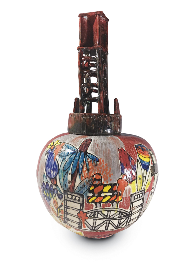 5 Boston Harbor Buoy, 29 in. (74 cm) in height, earthenware, slip, underglaze, glaze, fired to cone 02, 2018.