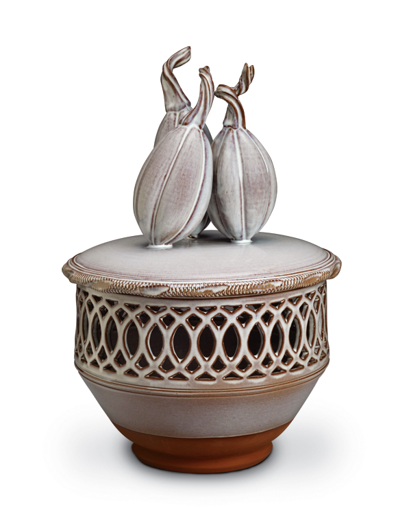 1 Doug Navarra’s Container with Dancing Fruits, 18 in. (46 cm) in height, earthenware, fired in oxidation to cone 03, 2019. 