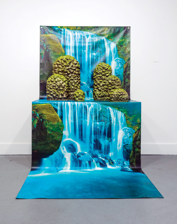 14 Dylan Beck’s High Dynamic Range, 6 ft. (1.8 m) in height, stoneware, terra sigillata, underglaze, fired in oxidation to cone 1, paint, glitter, digital print on vinyl, 2018. 
