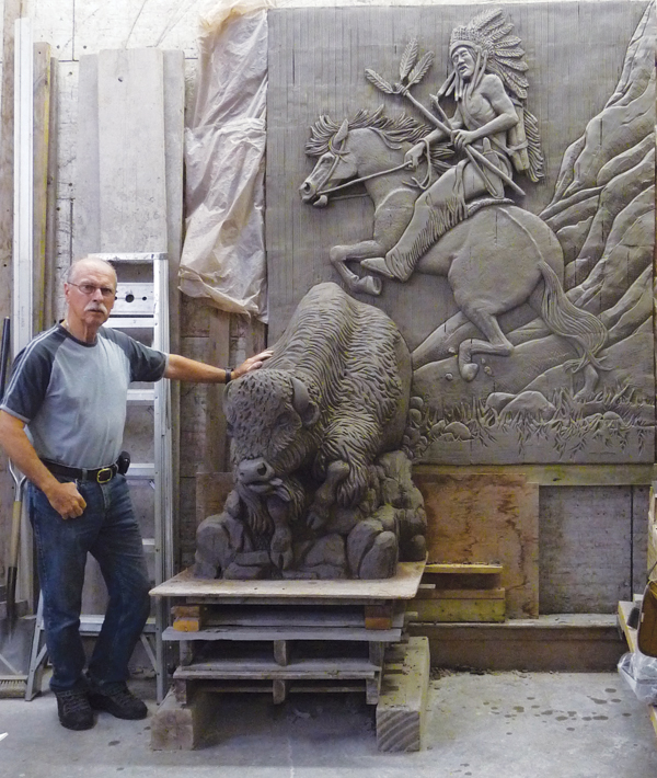  2 A test mural, trying different clay bodies from Plainsman Clays Limited. The buffalo is projecting out of the scene four feet, to test this new, more refined clay material.