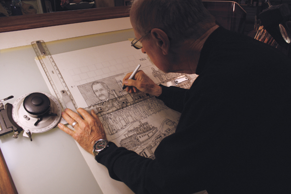3 Murals start with a design, drawn to scale with cross hatching that depicts varying depths of the carving process.