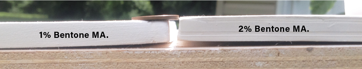 2 As plasticizers increase, the effects of memory increase. Even minimal amounts of plasticizer combined with higher water content (23%) can produce memory issues. The tile with 2% Bentone MA has higher lift across a longer plane, which indicates higher stress caused by memory.