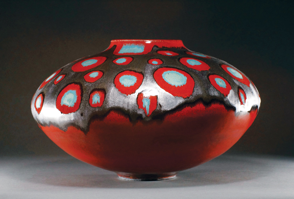 7 Mari Emori’s Circle Series: Red & Black Metallic, 16 in. (41 cm) in diameter, handbuilt and wheel-thrown stoneware, fired to cone 10 in reduction, 2017.