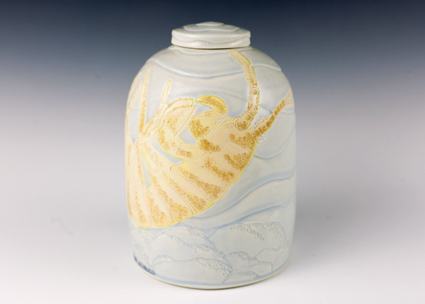 13a Taconic Cave Amphipod (view 1), 8½ in. (22 cm) in height, wheel-thrown mid-range porcelain, carved, underglazes, soda fired, refired with china paint, 2019.