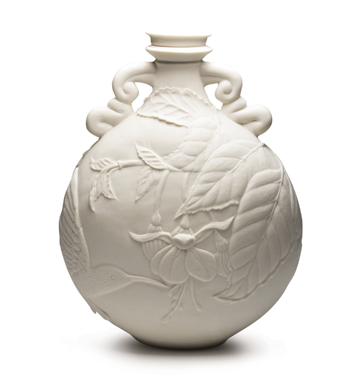 Quenched series: Hummingbird and Fuchsia Moon Flask, 7 in. (18 cm) in height. 