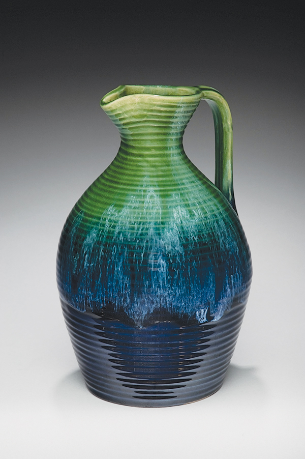 7 Pitcher, 9 1/8 in. (23 cm) in height, ceramic, high-gloss glaze, Weller Pottery Company. All glazed wares attributed to Stoin M. Stoin. Photo: Walker Montgomery.