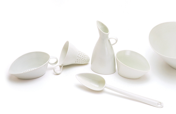 6 White scoop, sieve, jug, spoon, and vessels, wheel-thrown and altered Limoges porcelain, 2005. 