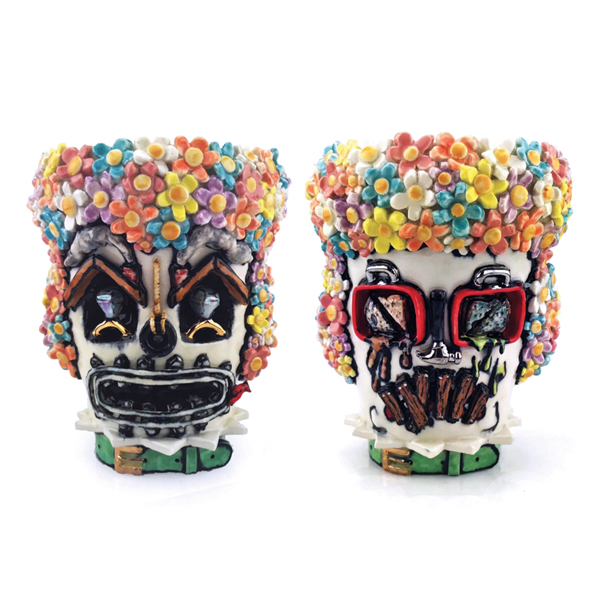 2 Ashley Bevington’s Poodle Dream Cup (front and back views), 5½ in. (14 cm) in height, porcelain, glaze, lusters, 2019. 