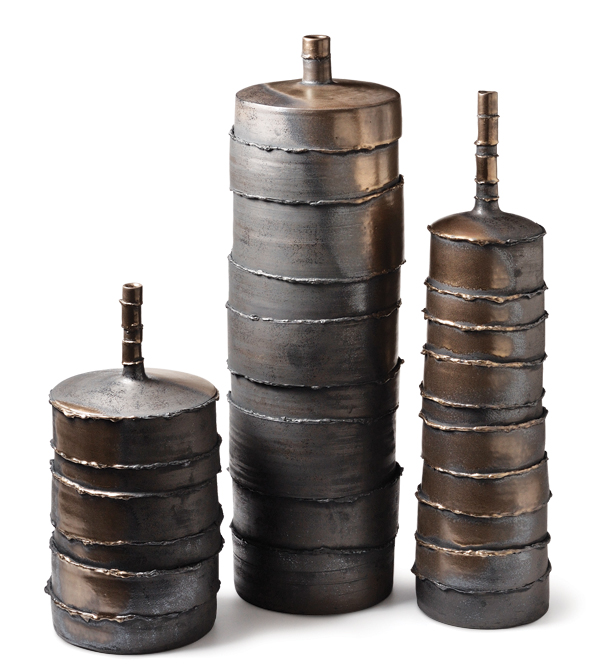 2 Bottles, to 24 in. (61 cm) in height, wheel-thrown stoneware, cut and reassembled with slip, oxides, glaze, fired to cone 6 in an electric kiln. 