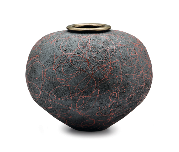 1 Jar with red graphics, 11 in. (28 cm) in height, wheel-thrown and altered stoneware, oxides, metallic and red glazes, fired to cone 6 in an electric kiln. 