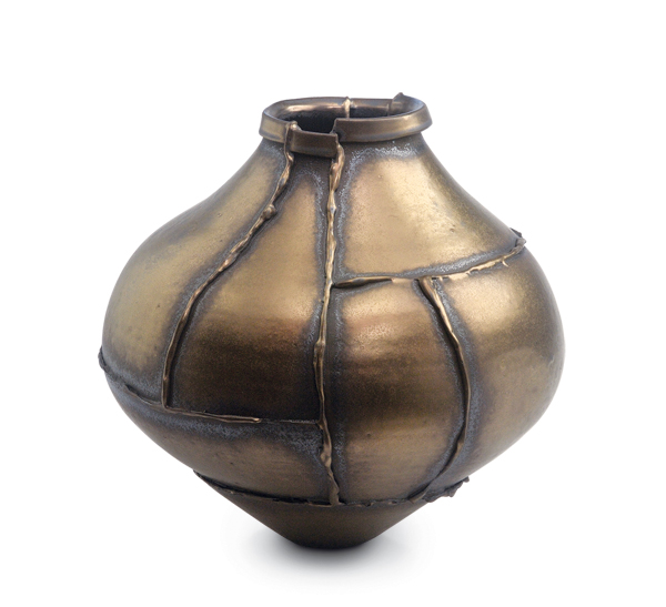 4 Metallic vessel, 12 in. (30 cm) in height, wheel-thrown and altered stoneware, oxides, stain, metallic glaze, fired to cone 6 in an electric kiln. 