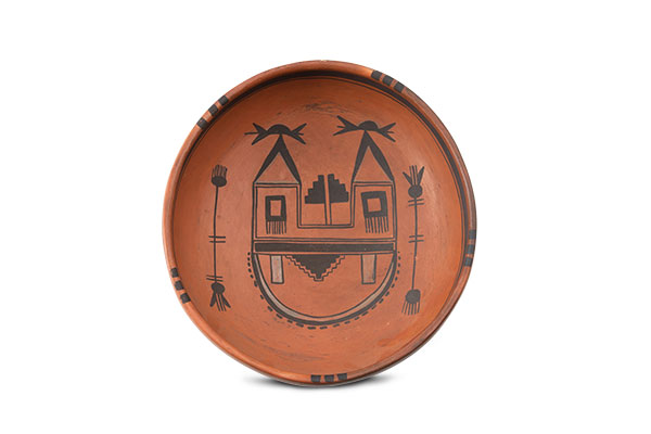 1 Bowl with Mission Design, attributed to Nampeyo of Hano, 10 in. (25 cm) in diameter, earthenware, red slip, circa 1905. Gift of Loren G. Lipson, MD. 