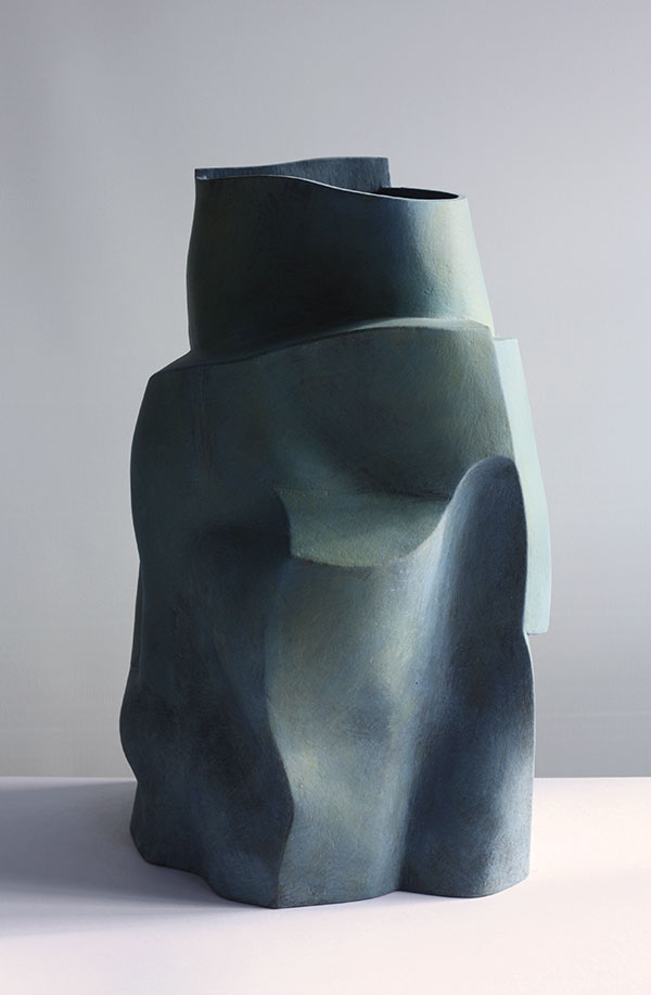 Distance Coming Closer, 21 in. (53 cm) in height, slab-built white stoneware, colored slips, oxides, fired multiple times to 2192°F (1200°C), 2018.