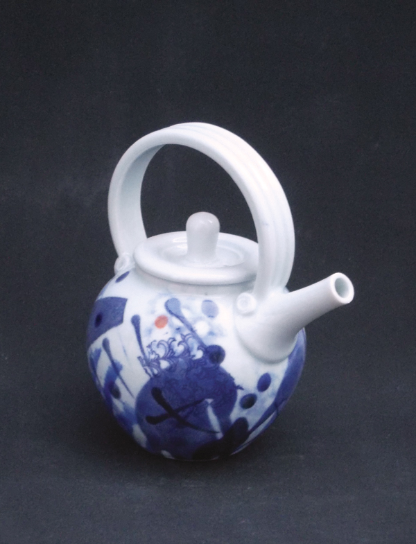 3 Teapot, 8½ in. (22 cm) in height, blue underglaze slips, Cornish stone glaze, fired to cone 11 in reduction.