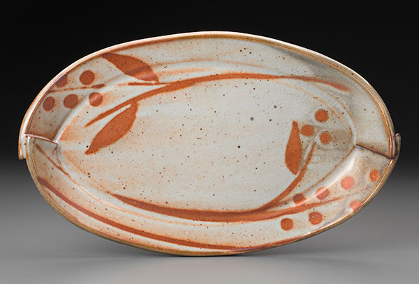 6 Tray, 14 in. (36 cm) in length, handbuilt stoneware, wax resist, shino glaze, gas fired to cone 10 in reduction, 2018. 2–6 Photos: John Polak. 