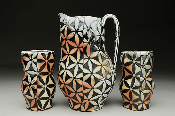 6 David Bolton’s Flower of Life Pitcher and Cups, to 10 in. (25 cm) in height, wood-fired porcelain, 2017. 