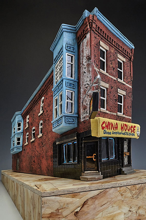 1 Carly Slade’s 2046 W Diamond St., ceramic, metal, embroidery, electroluminescent wire, 2018. 