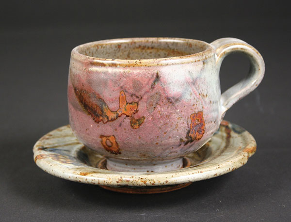 2 John Glick’s cup and saucer, stoneware, multiple slips and glazes, fired to cone 10 in a reduction-fired kiln, 1979. Part of a six-piece setting created for Vice President Mondale’s residence. Gift of John Glick. 
