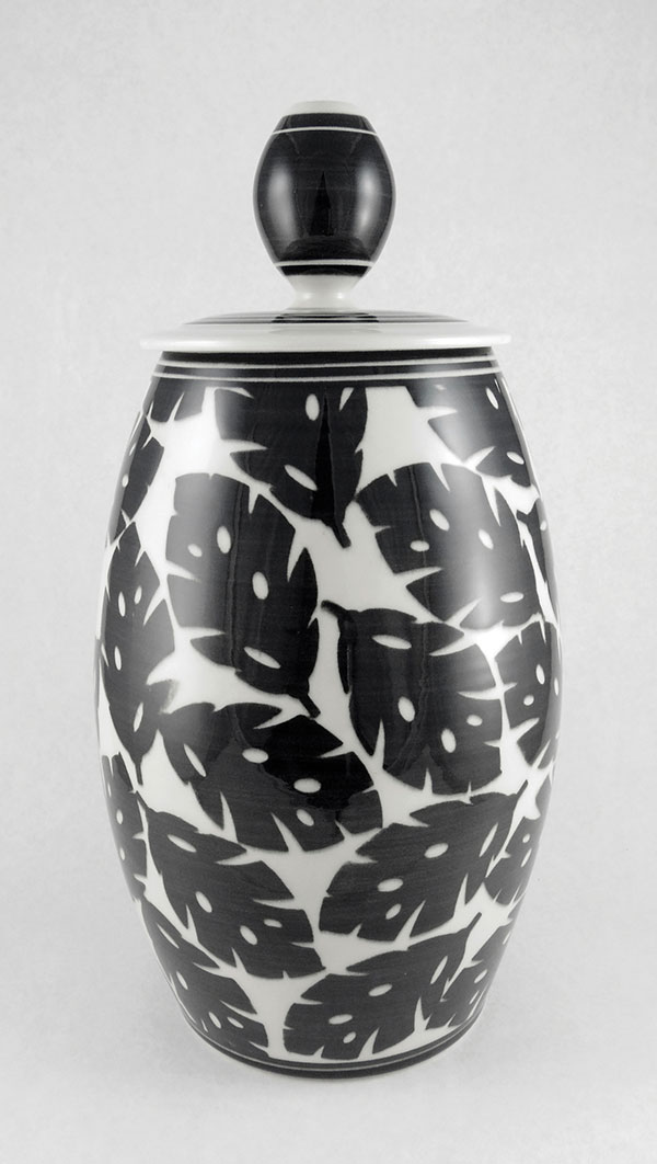 5 Leaf jar, 15 in. (38 cm) in height, wheel-thrown porcelain, underglaze, fired to cone 6 in oxidation, 2019.
