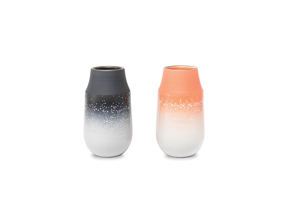 5 Neck Vases in indigo and grapefruit, 7 in. (18 cm) in height, wheel thrown, hand glazed.