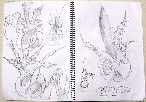 1 Sketches of the planned work, showing both the overall form and the way that the articulated elements fit together.