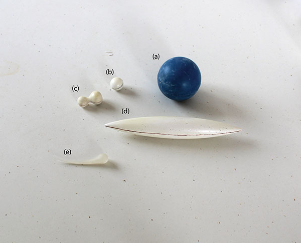 2 (a–e) Prototypes for different forms and modular units that comprise the work are used to create plaster molds.