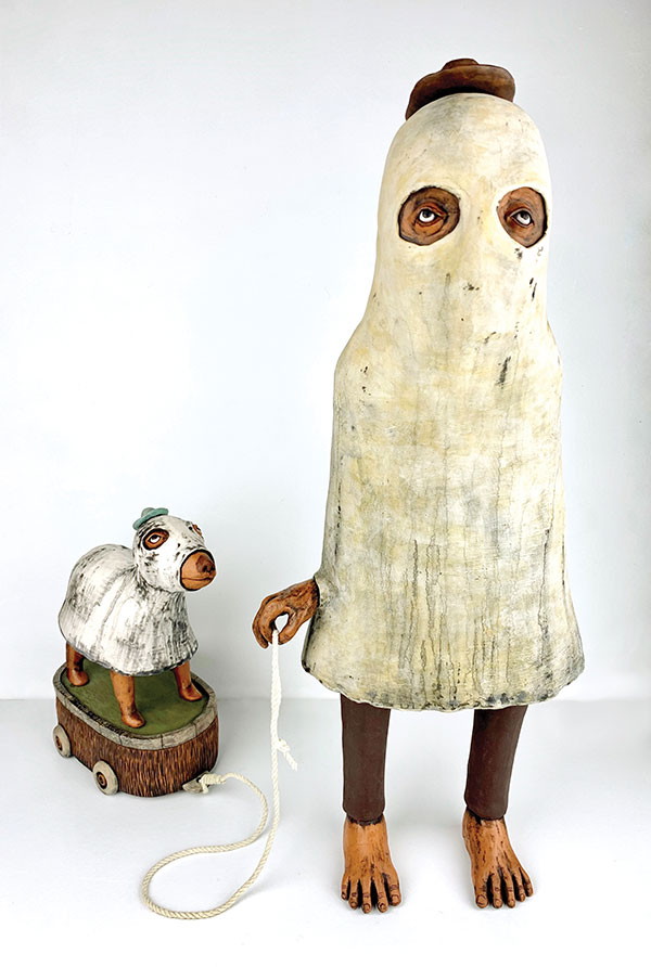 6 Rickie Barnett’s Portrait of a Young Man Surrendering Unto Mourning, 25 in. (63.5 cm) in height, earthenware, hand-braided rope, 2019.