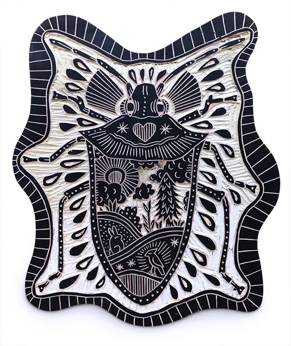 8 Bryn Perrott’s Stinkbug, 17 in. (43 cm) in height, woodcut.