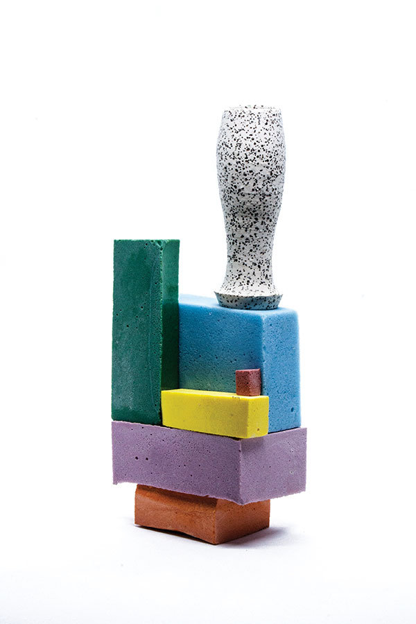 Vase with colored glaze and porcelain top, 3 ft. 8 in. (1.1 m) in height, wheel-thrown porcelain, fired to cone 9 in oxidation, cast and sculpted glaze, fired to cone 02 in oxidation, 2019.