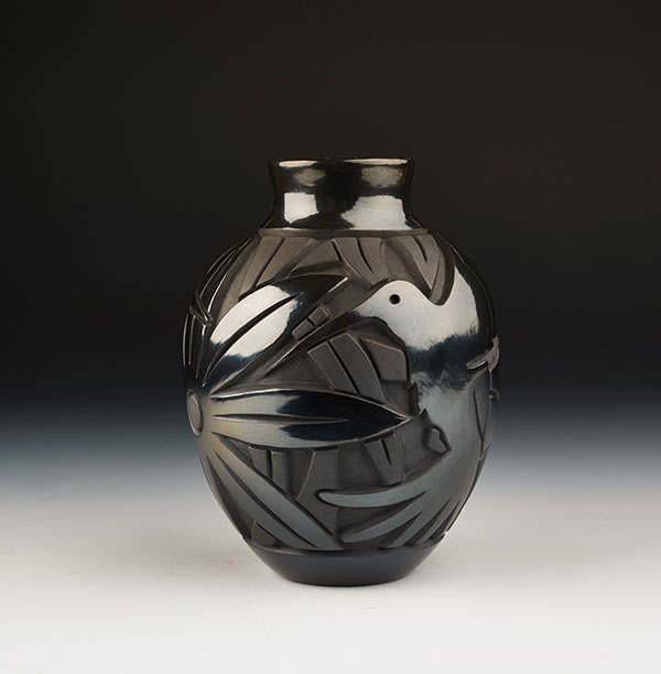 10 Harrison Begay, Jr. (Diné), hummingbirds and flowers vessel, 6 in. (15 cm) in height, clay.