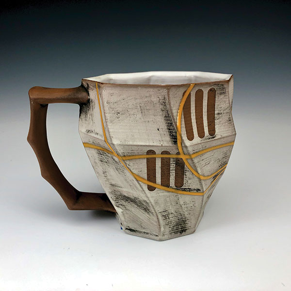 1 Curt Hammerly and Eric Heerspink’s collaborative mug, 4 1/2 in. (12 cm) in height, red stoneware, terra sigillata, glaze, fired to cone 5 in an electric kiln, 2019.