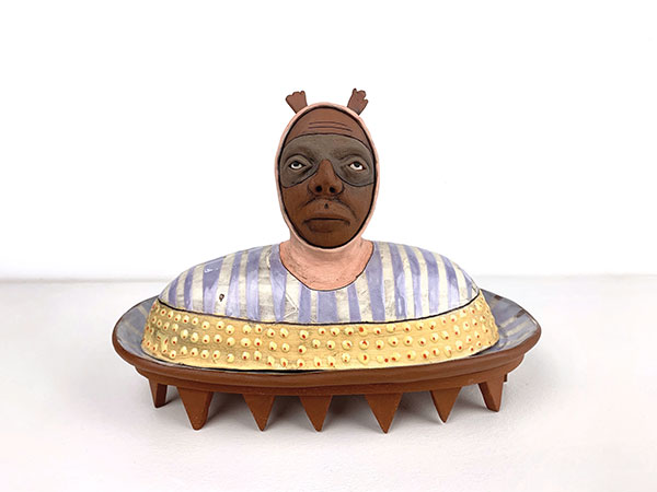 1 Lynne Hobaica and Rickie Barnett’s Scrambled Eggs Bandit Butter Dish, 6 1/2 in. (17 cm) in height, earthenware, fired to cone 4 in oxidation, 2019.