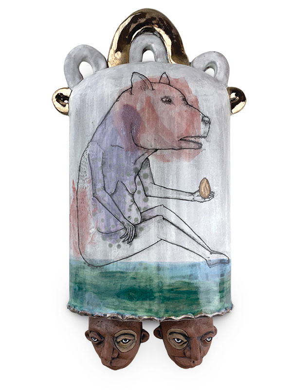 3 Lynne Hobaica and Rickie Barnett’s I almost had you but realized my eyes weren’t seeing right, 13 in. (33 cm) in height, earthenware, fired to cone 4 in oxidation, china paint, luster, 2019.