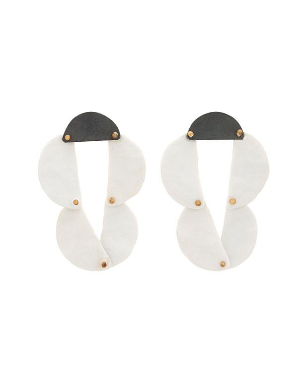 1 Jen Allen and Maia Leppo’s Scallop earrings, 2 1/2 in. (6 cm) in length, porcelain, steel, silver, monofilament. Photo: Jocelyn Negron.