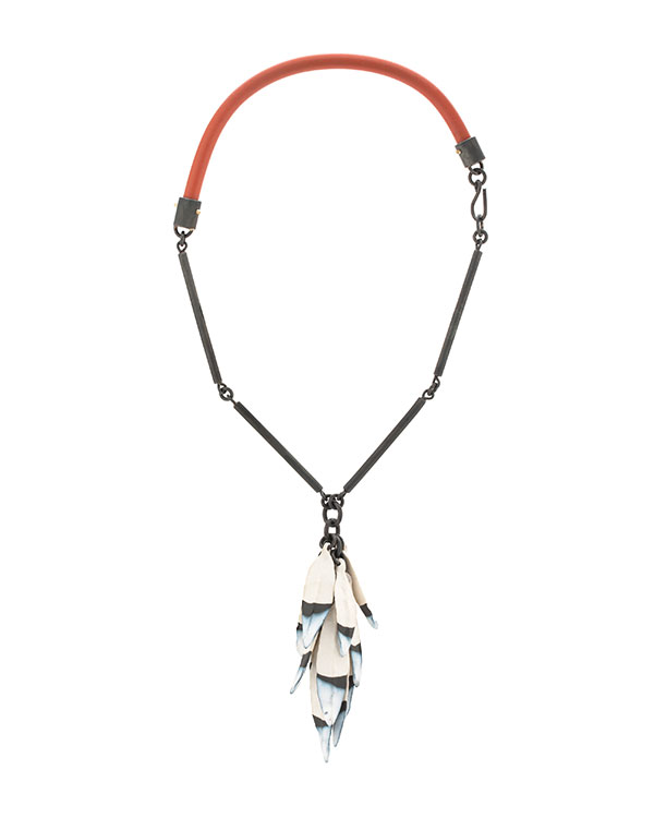 2 Jen Allen and Maia Leppo’s Feather necklace, 18 in. (46 cm) in length, porcelain, steel, silicone, monofilament. Photo: Jocelyn Negron.