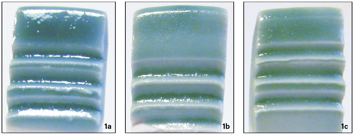 1a–c Cone 6 Laguna Frost tiles with incremental kaolin content in clear bases and colored with 1% copper carbonate, each. Refer to the recipes in figure 4.