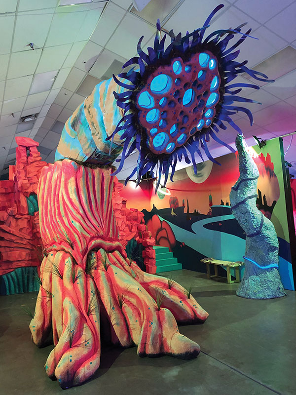 2 Otherworld centerpiece (alien plant for immersive art exhibit), 12 ft. (3.7 m) in height, wood, foam, plastic, LED lights, Otherworld Encounter, Nashville, Tennessee. Created in collaboration with Otherworld Entertainment and Nashville Otherworld Network (OWN), 2018.