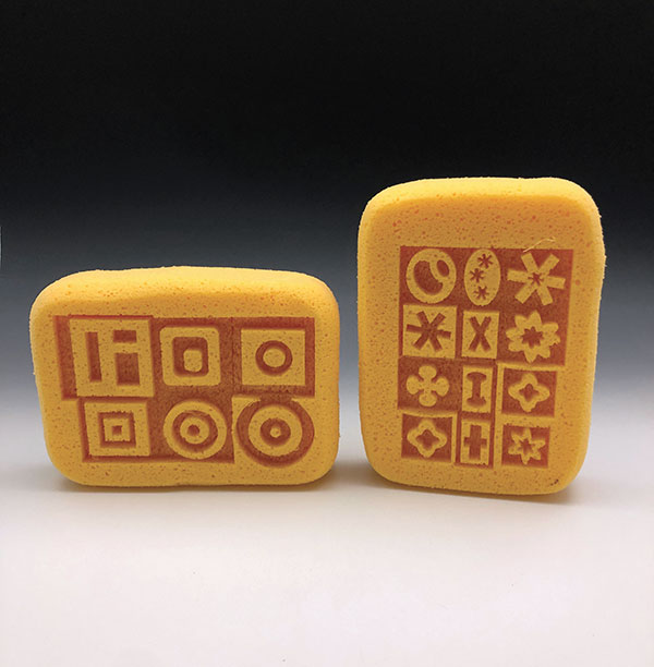 4 Examples of stamps cut on yellow brick sponge, which are available in most hardware stores. Each sponge yields multiple stamps.