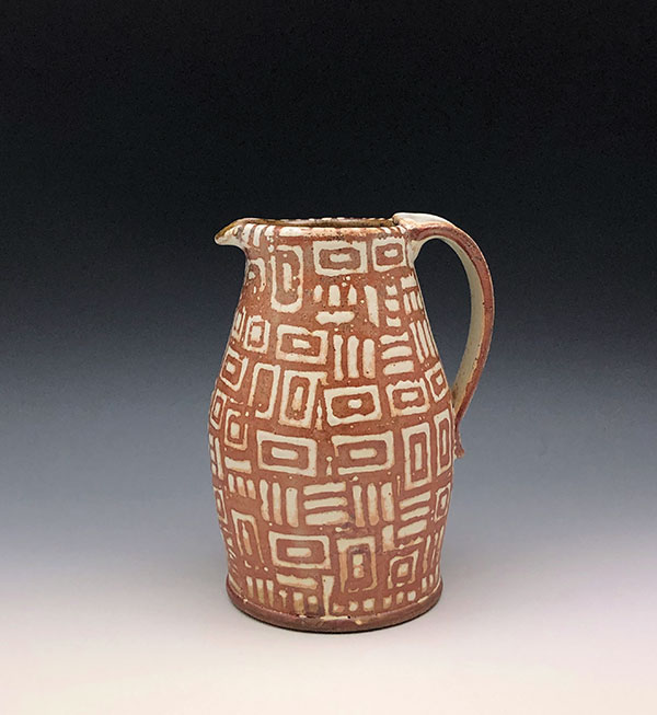 6 Pitcher, 11 in. (28 cm) in height, stoneware, layered glaze pattern created with multiple sponge stamps, fired to cone 10 in reduction. 