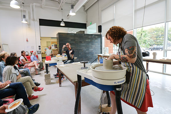 1 “The Textured Surface in Porcelain,” visiting-artist workshop with Bryan Hopkins and Kristen Kieffer, Ceramics Program—Office for the Arts at Harvard, Allston, Massachusetts, September 15–16, 2018. Photo: Darrah Bowden, courtesy of the Ceramics Program.