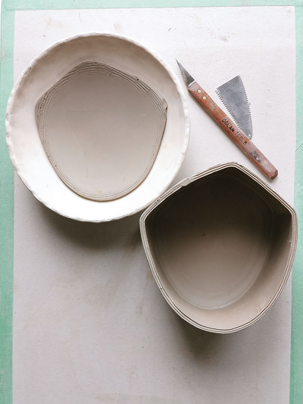 3 Cut out a bottom and top for the teapot. Attach the bottom and slump the top into a dome shape.