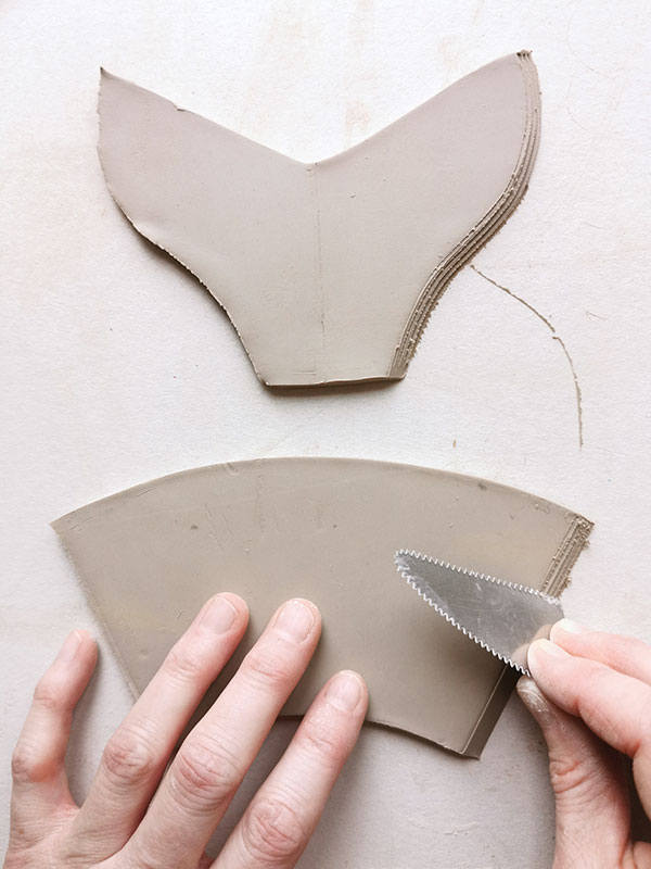 12 Cut a handle and a spout from a soft compressed slab. Score the beveled ends of each piece.