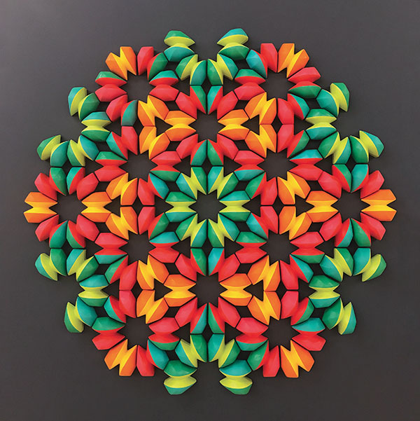 1 Jackie Head’s Kaleidoscope II, 3 ft. 4 in. (1 m) in length, porcelain, fired to cone 6, paint, 2019.